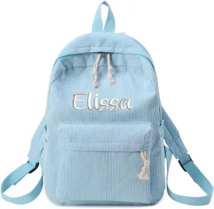 Personalized Corduroy Backpack Casual College Backpack Lightweight Travel Backpack Custom Embroidery School Backpack with Name Laptop Backpacks College Shoulder Bag (blue,custom)