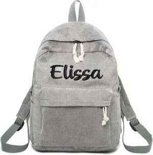 Personalized Corduroy Backpack Casual College Backpack Lightweight Travel Backpack Custom Embroidery School Backpack with Name Laptop Backpacks College Shoulder Bag (grey,custom)
