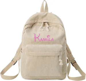 Personalized Corduroy Backpack Casual College Backpack Lightweight Travel Backpack Custom Embroidery School Backpack with Name Laptop Backpacks College Shoulder Bag (ivory,custom)