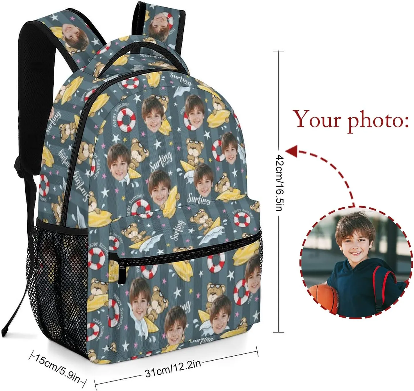 Personalized Schoolbag with Face for Boys Teens, Custom Bear Surfing Students Backpack for Primary School Middle School High School Classroom, Back-to-School Gifts for Son Nephew Grandson