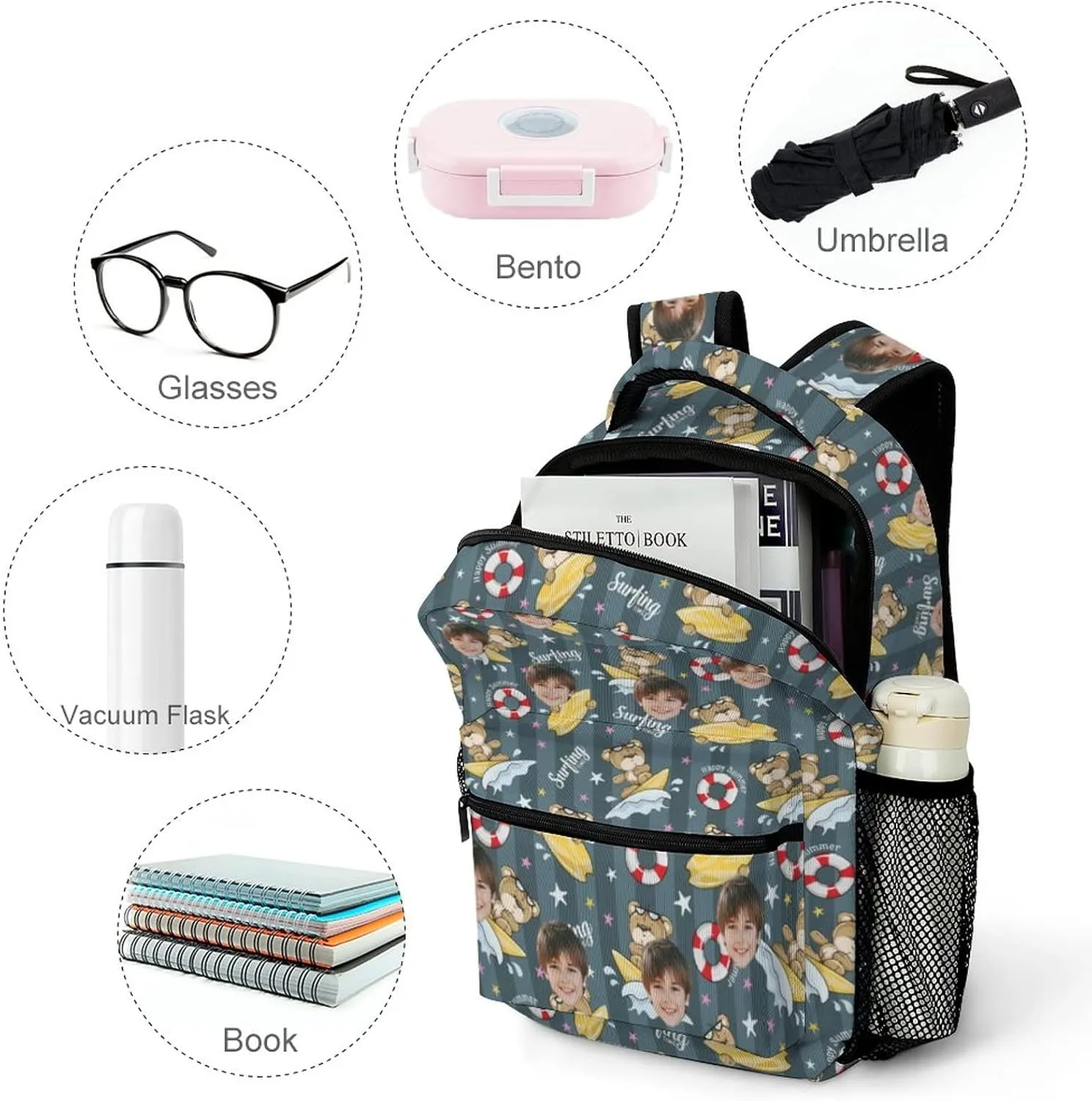 Personalized Schoolbag with Face for Boys Teens, Custom Bear Surfing Students Backpack for Primary School Middle School High School Classroom, Back-to-School Gifts for Son Nephew Grandson
