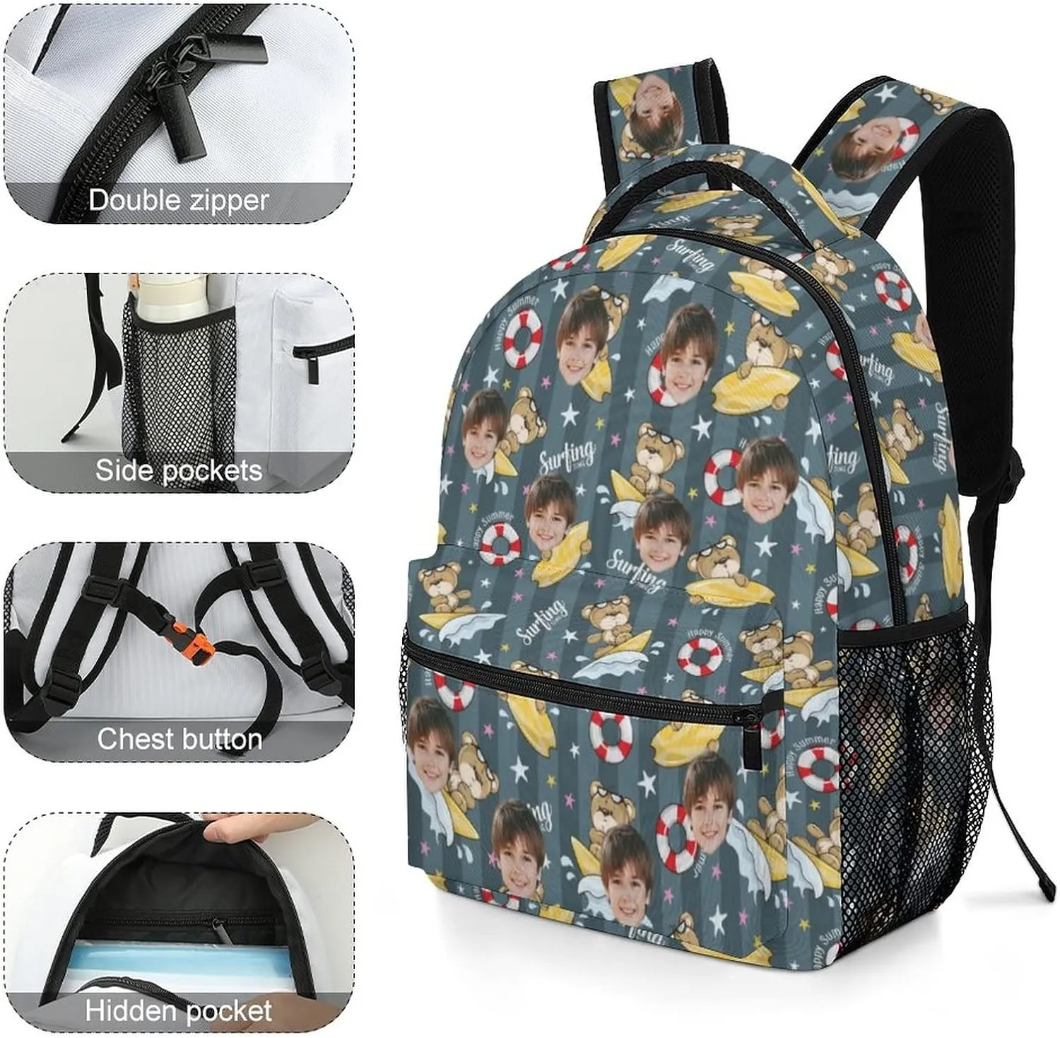 Personalized Schoolbag with Face for Boys Teens, Custom Bear Surfing Students Backpack for Primary School Middle School High School Classroom, Back-to-School Gifts for Son Nephew Grandson
