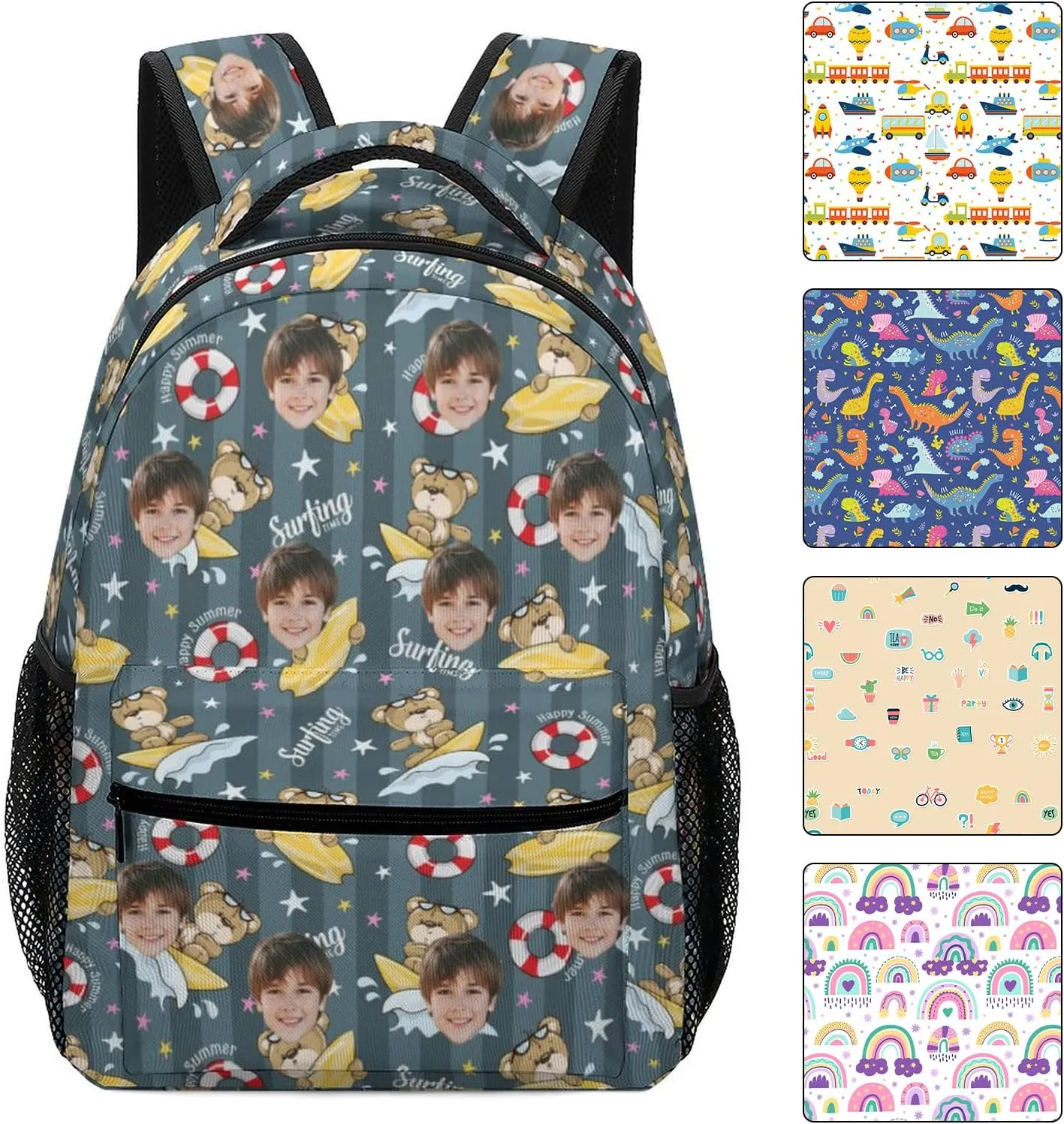 Personalized Schoolbag with Face for Boys Teens, Custom Bear Surfing Students Backpack for Primary School Middle School High School Classroom, Back-to-School Gifts for Son Nephew Grandson