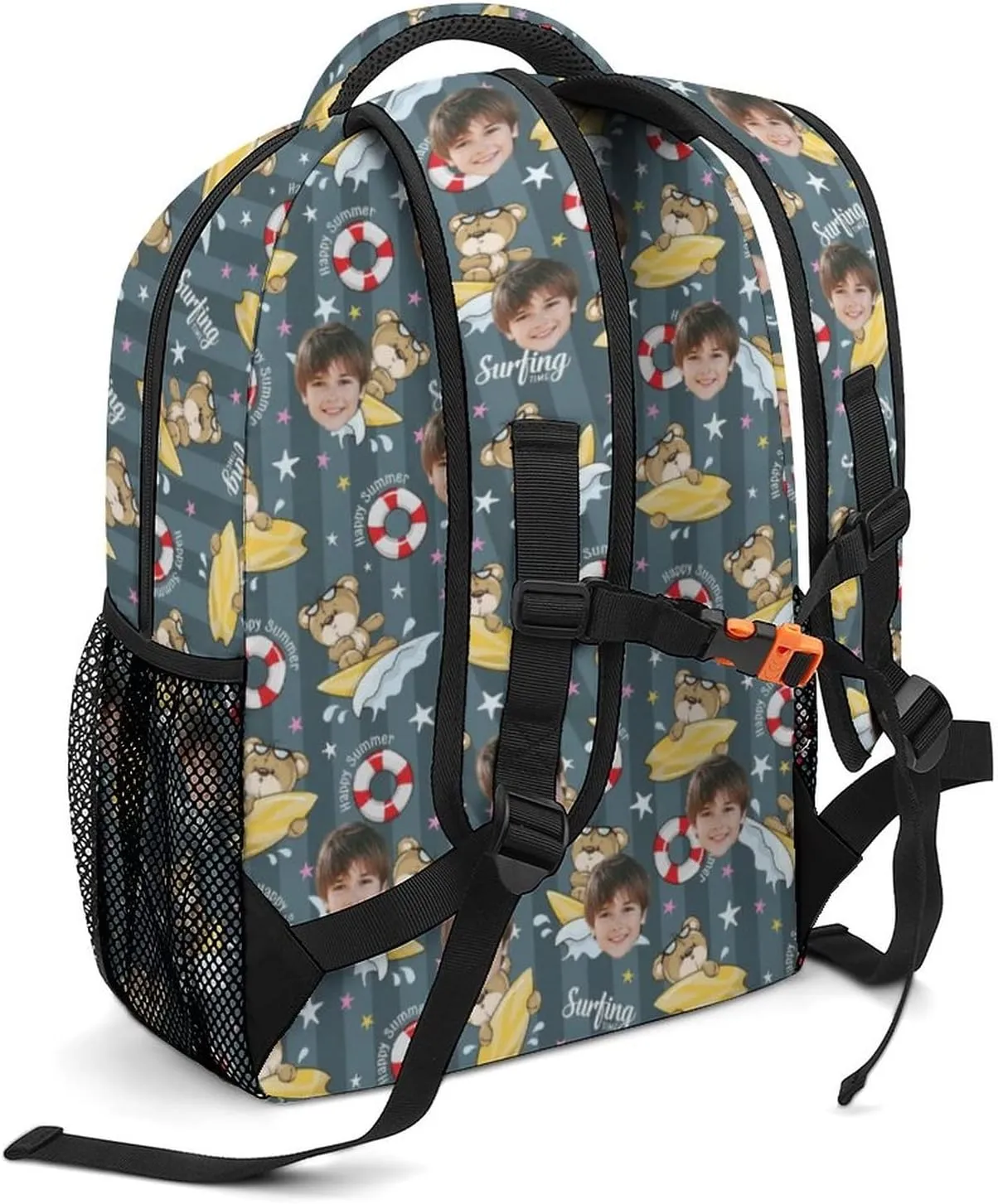 Personalized Schoolbag with Face for Boys Teens, Custom Bear Surfing Students Backpack for Primary School Middle School High School Classroom, Back-to-School Gifts for Son Nephew Grandson