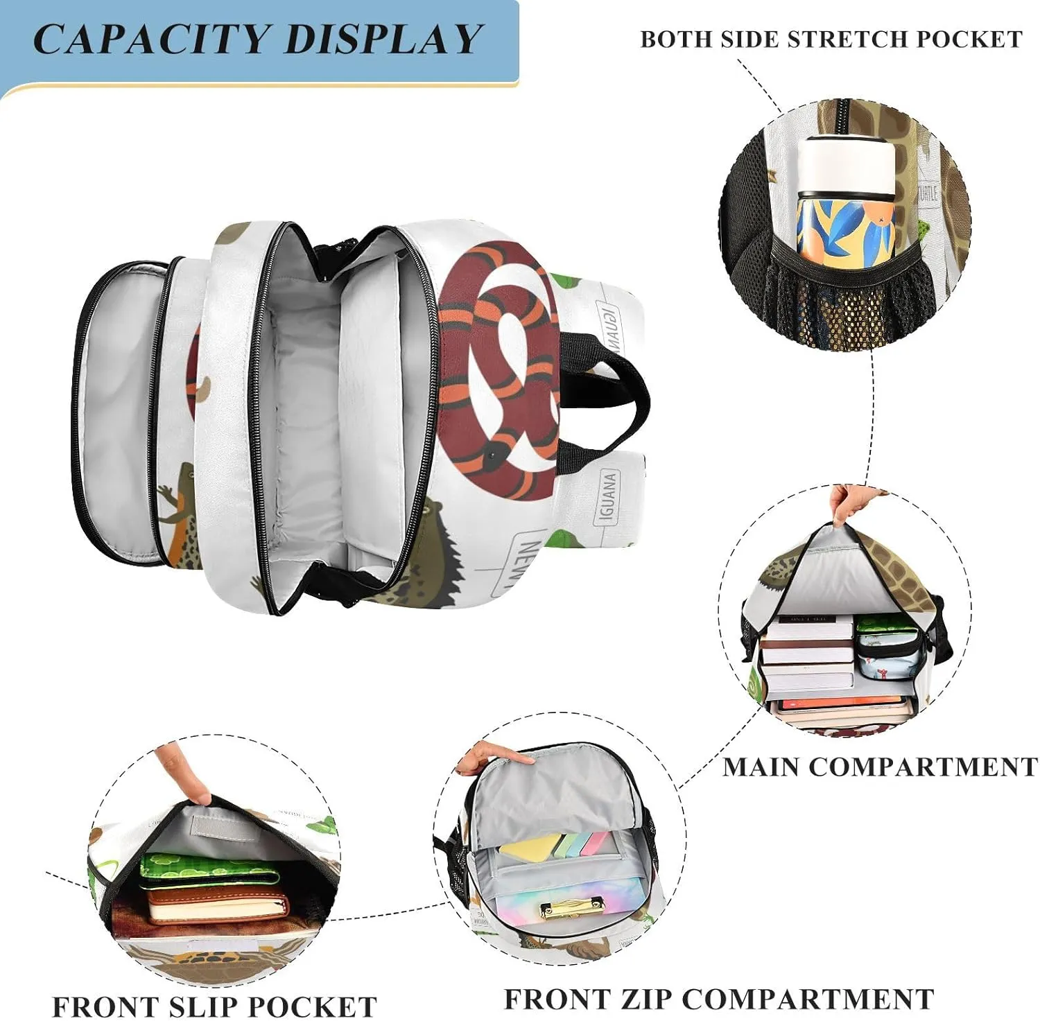 Pet Reptiles and Amphibians School Backpack Laptop Travel Daypack for Kids Girls Boys, Personalized Computer Notebooks Bookbag with Adjustable Padded Straps