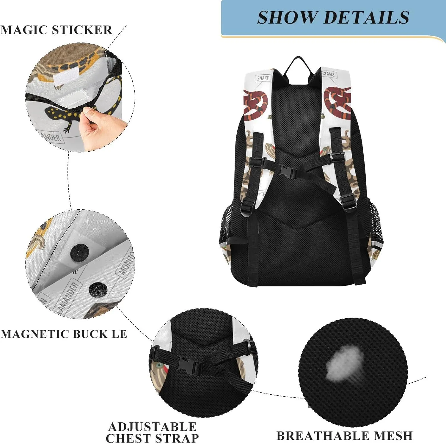 Pet Reptiles and Amphibians School Backpack Laptop Travel Daypack for Kids Girls Boys, Personalized Computer Notebooks Bookbag with Adjustable Padded Straps