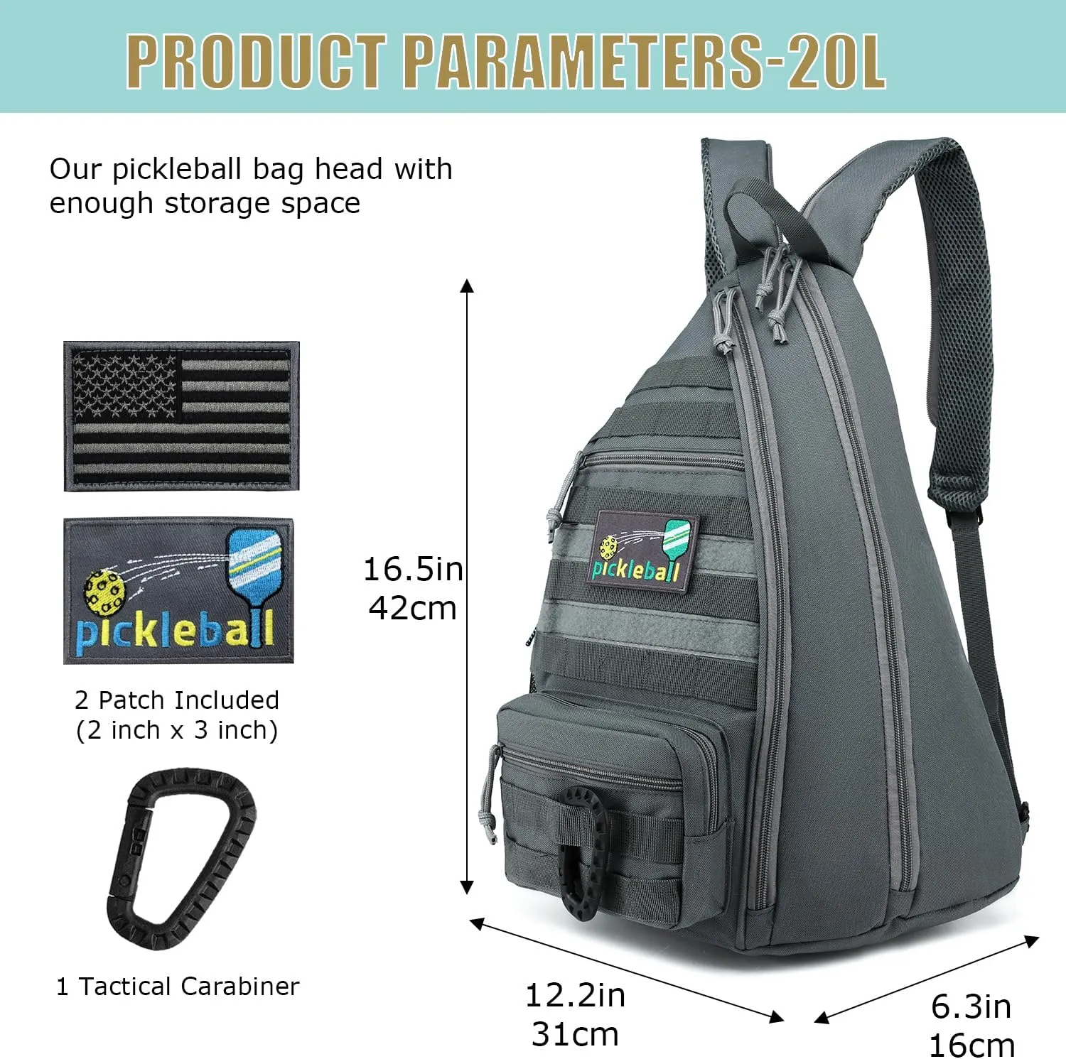 Pickleball Bag, Tactical Pickleball Backpack for Women Men, Adjustable Sling Bag with Fence Hook Water Bottle (Includes 2 Patches 1Carabiner)