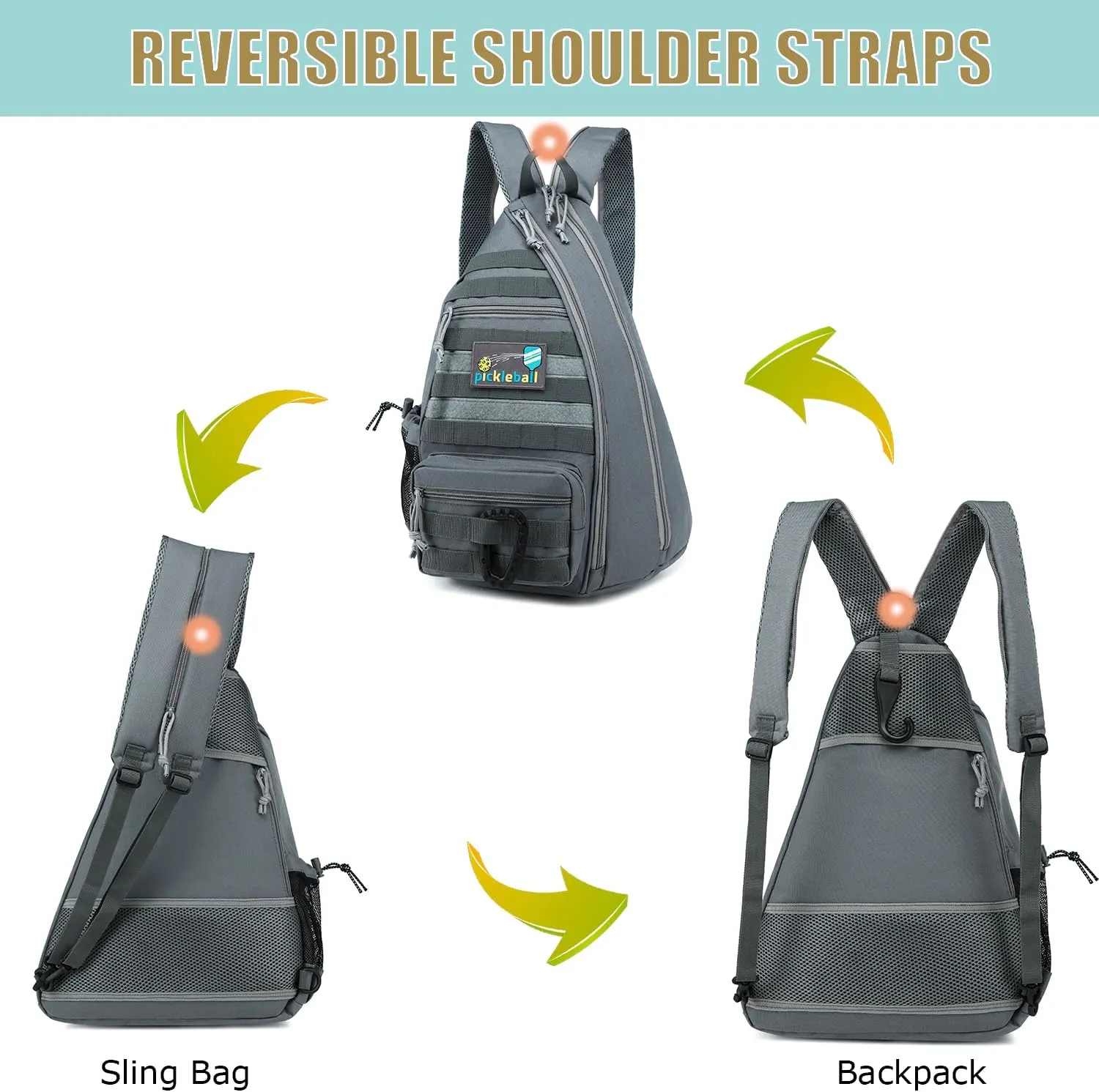 Pickleball Bag, Tactical Pickleball Backpack for Women Men, Adjustable Sling Bag with Fence Hook Water Bottle (Includes 2 Patches 1Carabiner)