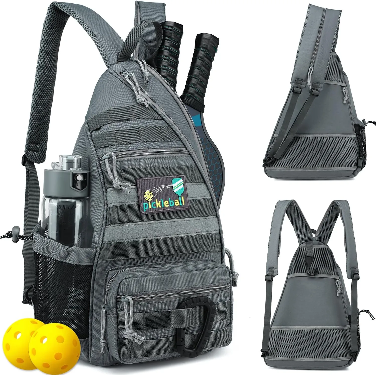 Pickleball Bag, Tactical Pickleball Backpack for Women Men, Adjustable Sling Bag with Fence Hook Water Bottle (Includes 2 Patches 1Carabiner)