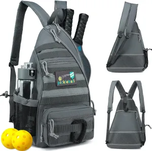 Pickleball Bag, Tactical Pickleball Backpack for Women Men, Adjustable Sling Bag with Fence Hook Water Bottle (Includes 2 Patches 1Carabiner)