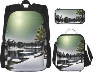 Pine Needle Tree Winter Print Comfortable Adjustable Shoulder Casual Fashion Backpack Lunch Bag Pencil Case
