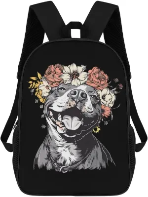 Pit Bull Dog with Head Wreath Classic 17 Inch Backpack for Men Women Casual Basic Bag with Side Pockets for Travel Business