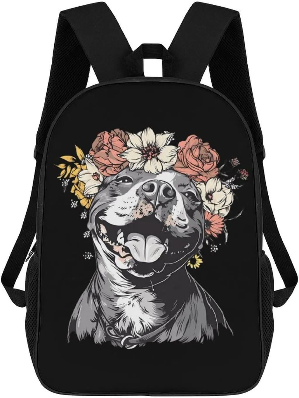 Pit Bull Dog with Head Wreath Classic 17 Inch Backpack for Men Women Casual Basic Bag with Side Pockets for Travel Business