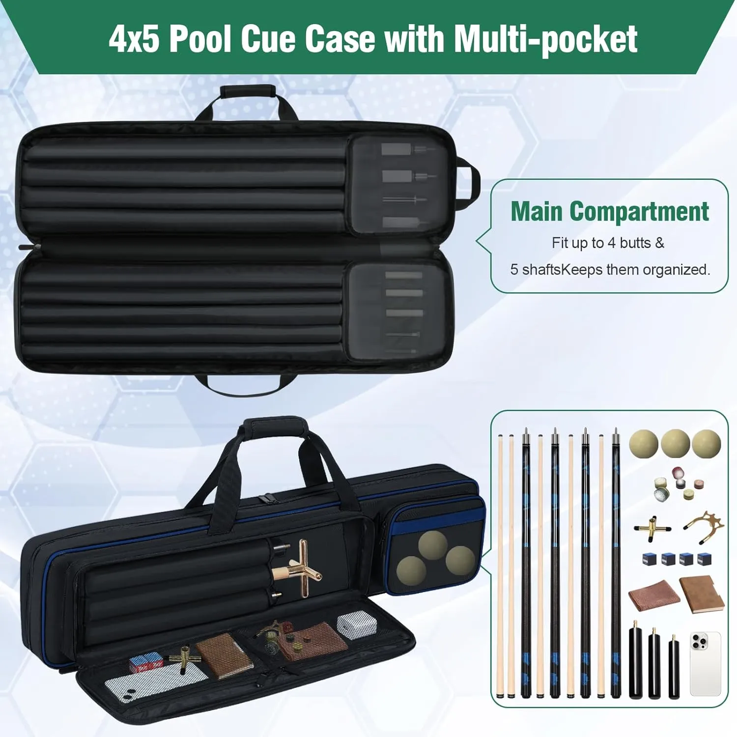 Pool Cue Case 4x5, Pool Cue Carrying Case Soft Padded Billiard Stick Bag with Multi-pocket for 4 Butts and 5 Shafts, Pool Stick Case Cue Bag with Backpack-straps for Pool Cues and Accessories