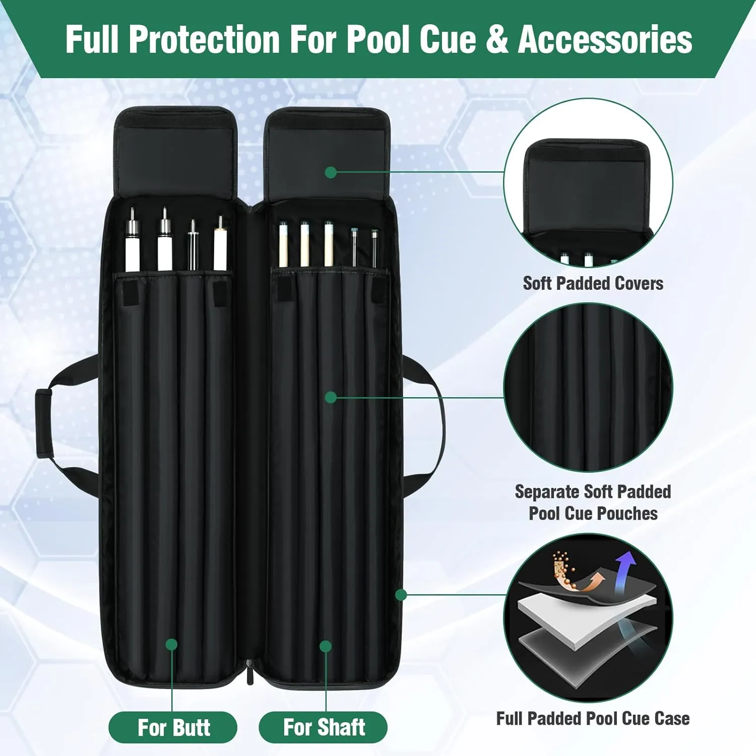 Pool Cue Case 4x5, Pool Cue Carrying Case Soft Padded Billiard Stick Bag with Multi-pocket for 4 Butts and 5 Shafts, Pool Stick Case Cue Bag with Backpack-straps for Pool Cues and Accessories