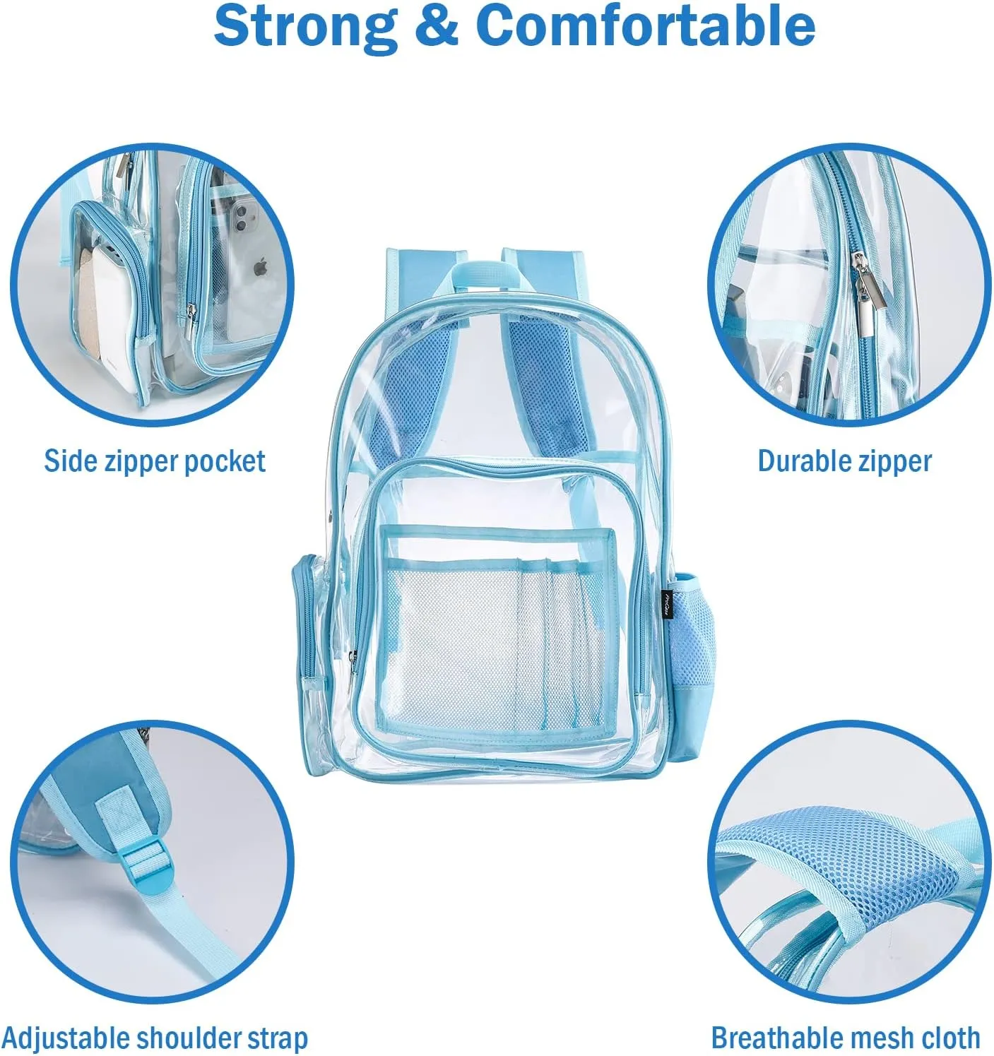 ProCase Heavy Duty Clear Backpack, See Through Backpacks Transparent Clear Large Bookbag for School Work Stadium Security -Blue
