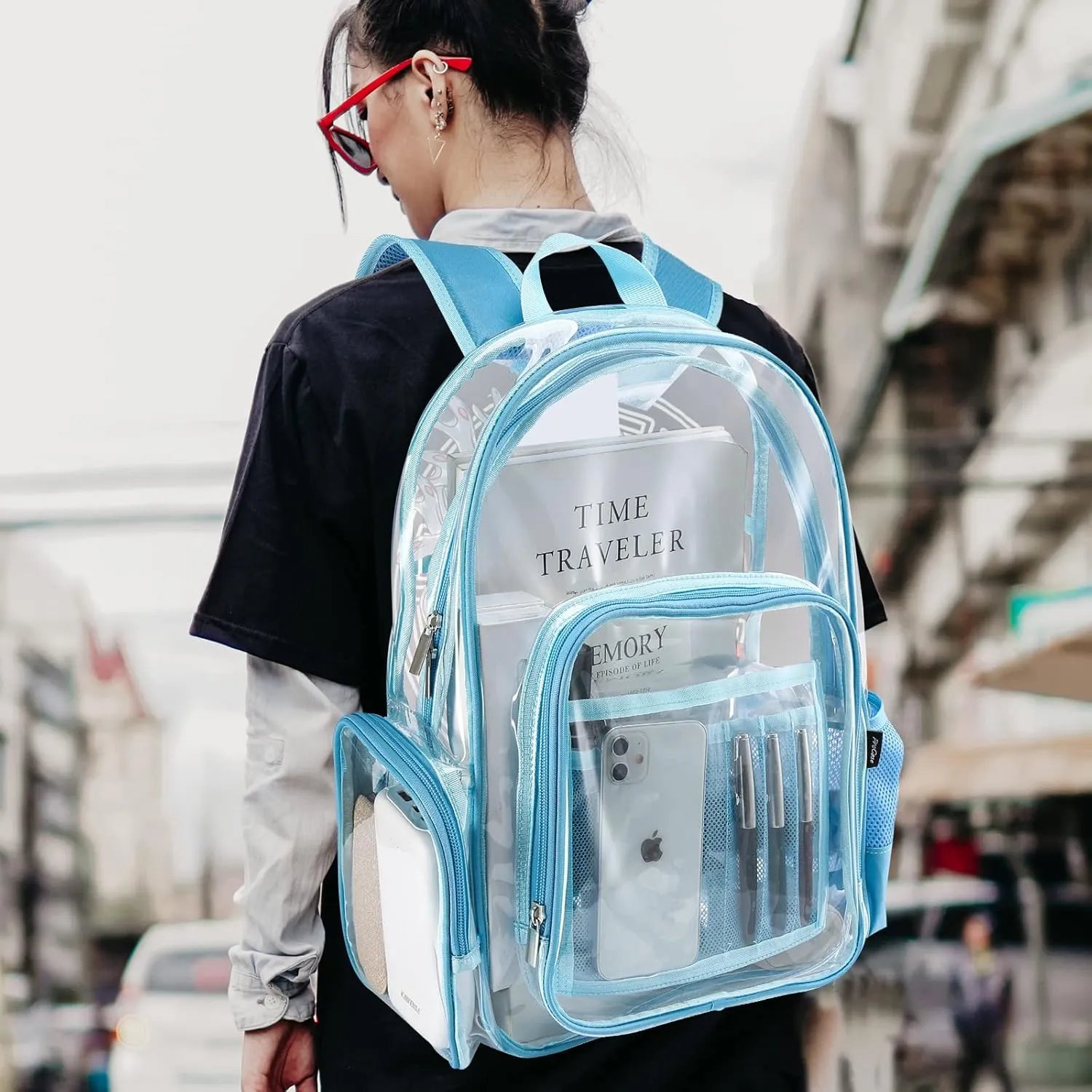 ProCase Heavy Duty Clear Backpack, See Through Backpacks Transparent Clear Large Bookbag for School Work Stadium Security -Blue