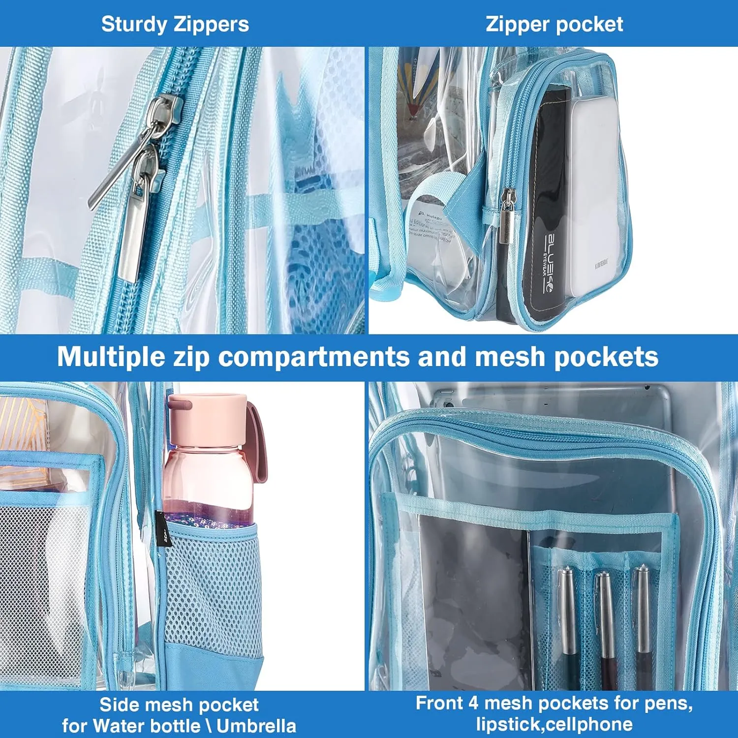 ProCase Heavy Duty Clear Backpack, See Through Backpacks Transparent Clear Large Bookbag for School Work Stadium Security -Blue