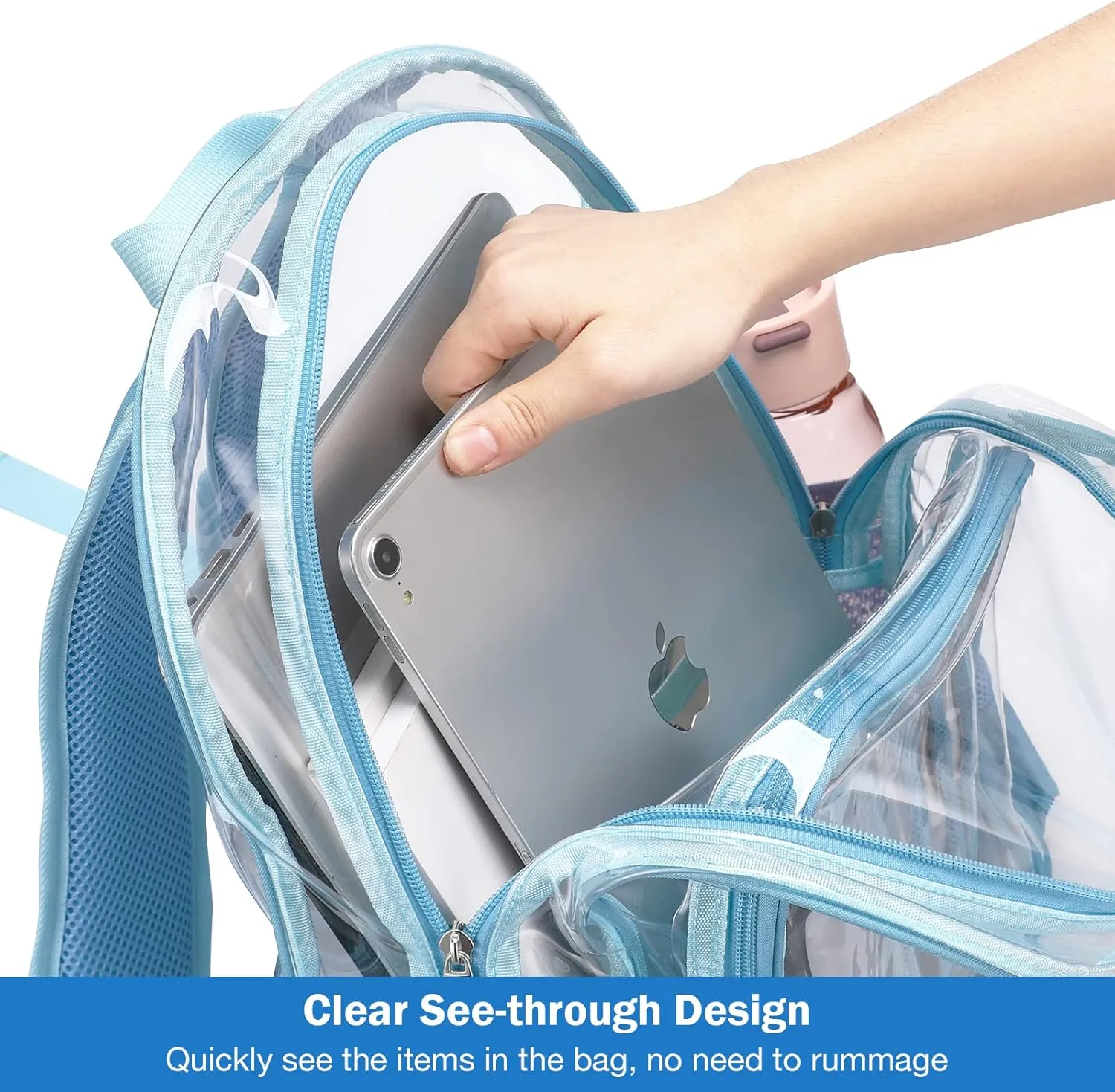 ProCase Heavy Duty Clear Backpack, See Through Backpacks Transparent Clear Large Bookbag for School Work Stadium Security -Blue