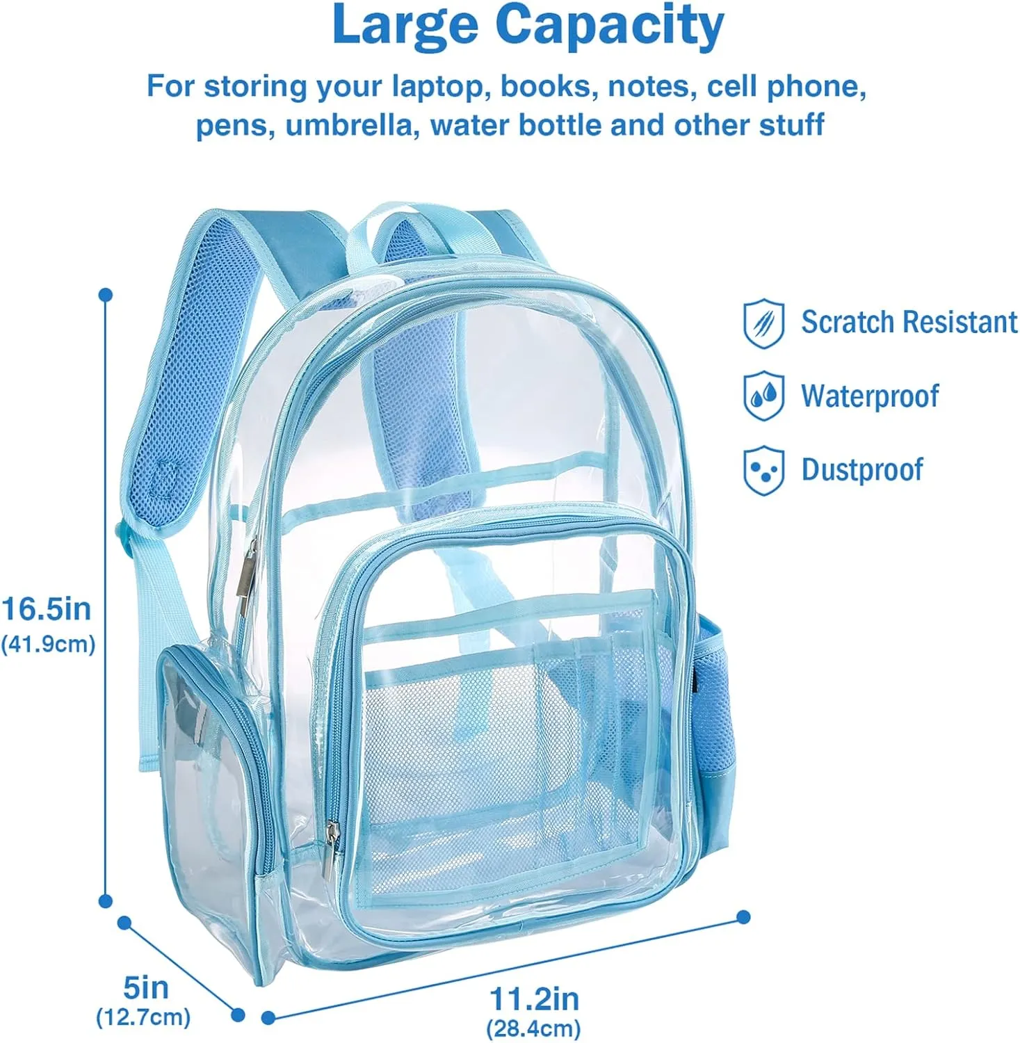 ProCase Heavy Duty Clear Backpack, See Through Backpacks Transparent Clear Large Bookbag for School Work Stadium Security -Blue