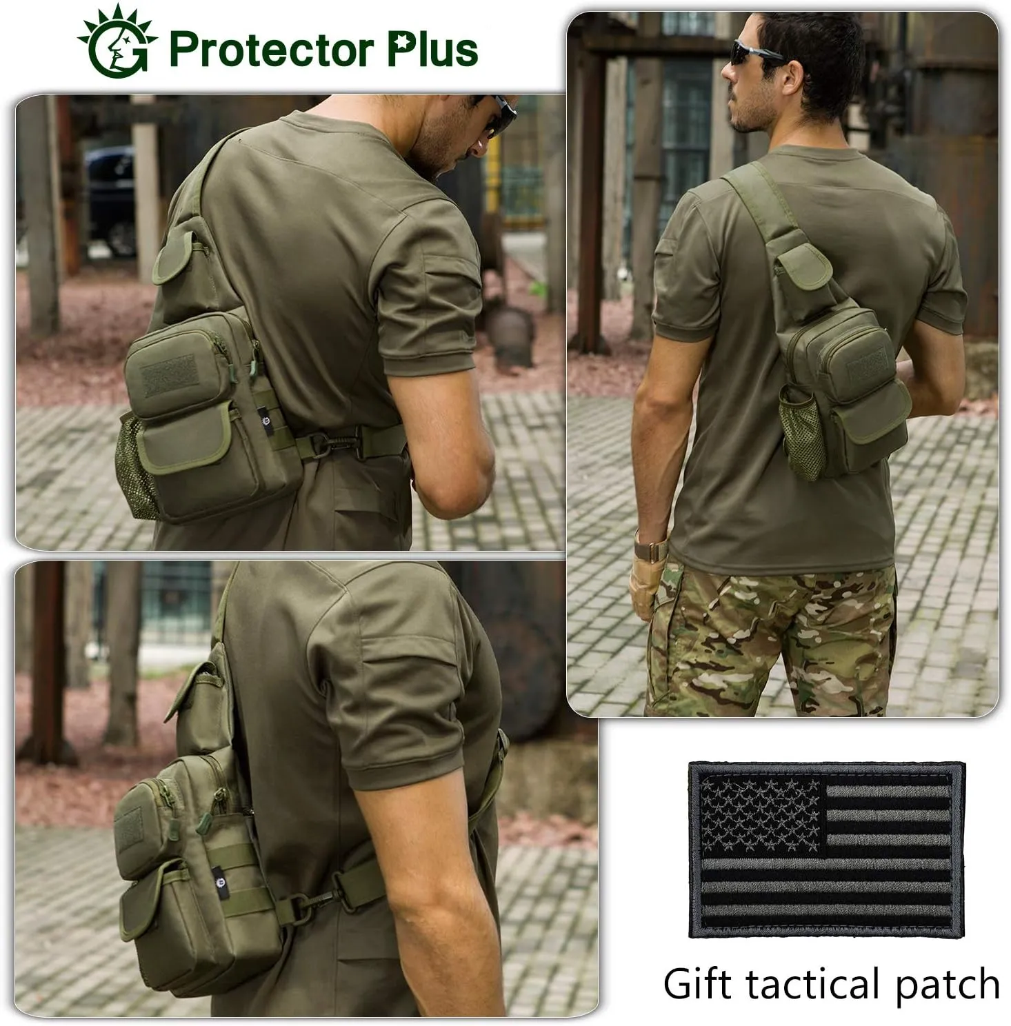 Protector Plus Tactical Sling Bag Military MOLLE Crossbody Pack (Patch Included)