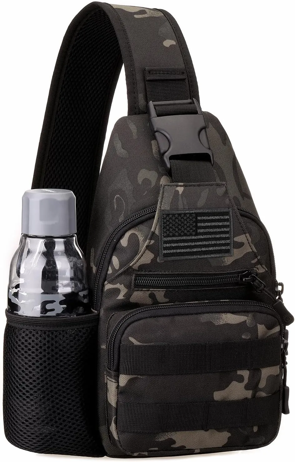 Protector Plus Tactical Sling Bag Military MOLLE Crossbody Pack with USB Charging Port Chest Shoulder Backpack EDC Diaper Satchel Motorcycle Bicycle Daypack (Patch Included),Black Camo