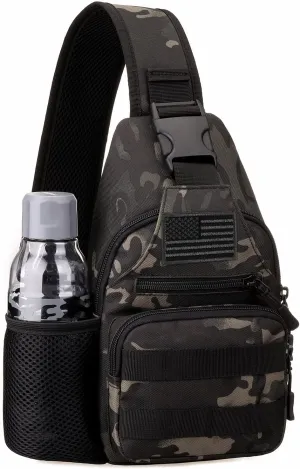 Protector Plus Tactical Sling Bag Military MOLLE Crossbody Pack with USB Charging Port Chest Shoulder Backpack EDC Diaper Satchel Motorcycle Bicycle Daypack (Patch Included),Black Camo