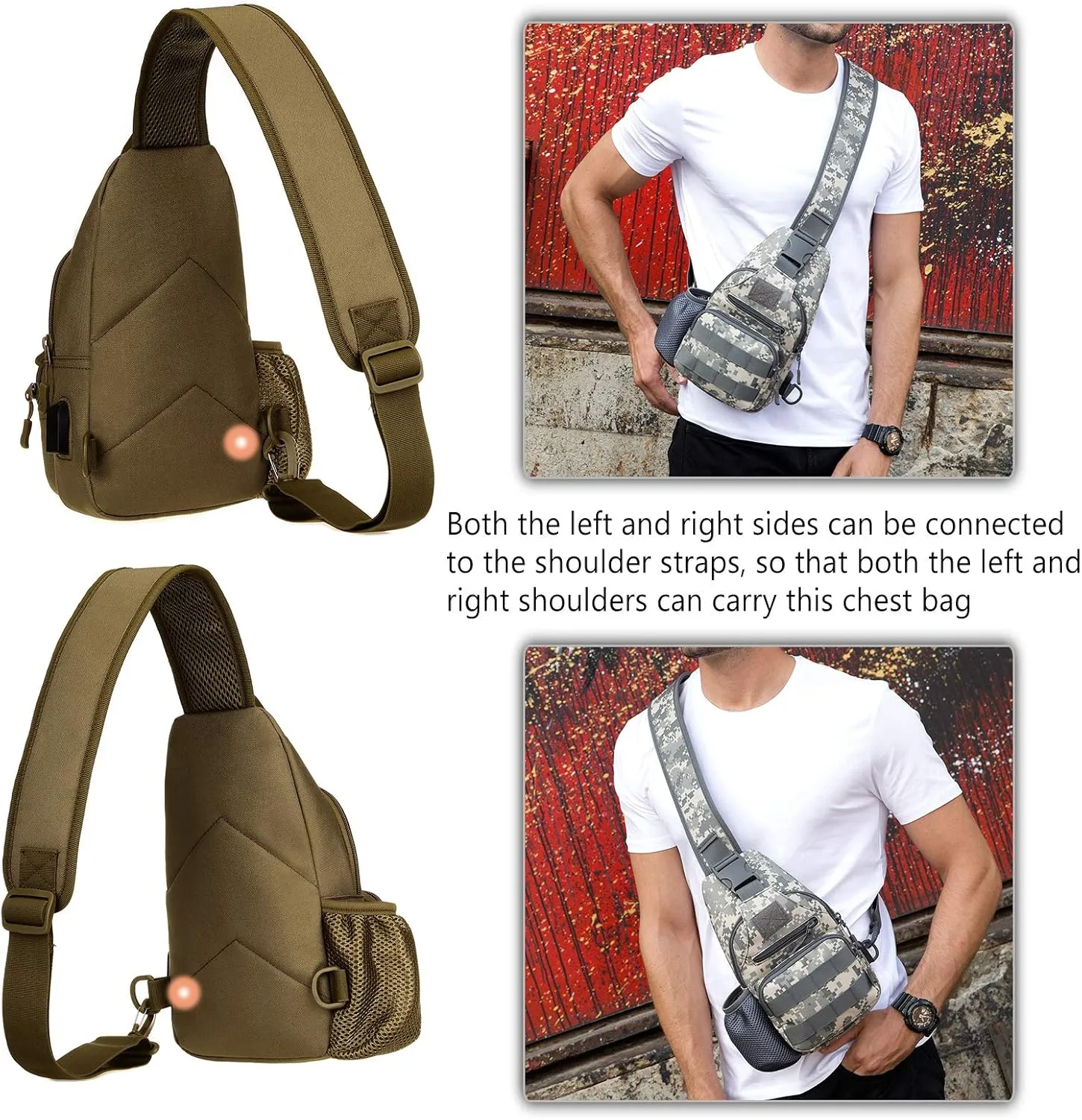 Protector Plus Tactical Sling Bag Military MOLLE Crossbody Pack with USB Charging Port Chest Shoulder Backpack EDC Diaper Satchel Motorcycle Bicycle Daypack (Patch Included),Black Camo