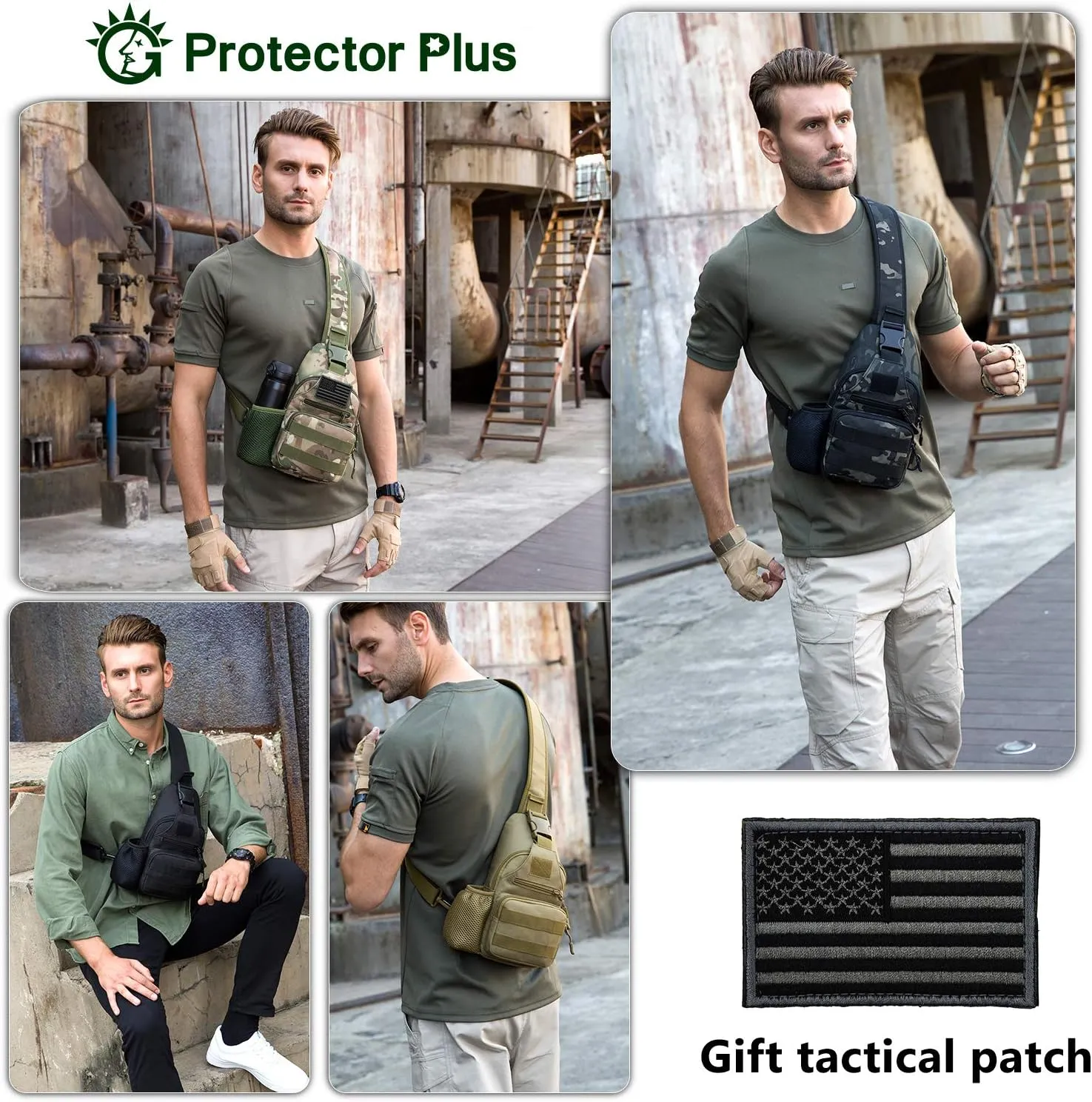 Protector Plus Tactical Sling Bag Military MOLLE Crossbody Pack with USB Charging Port Chest Shoulder Backpack EDC Diaper Satchel Motorcycle Bicycle Daypack (Patch Included),Black Camo