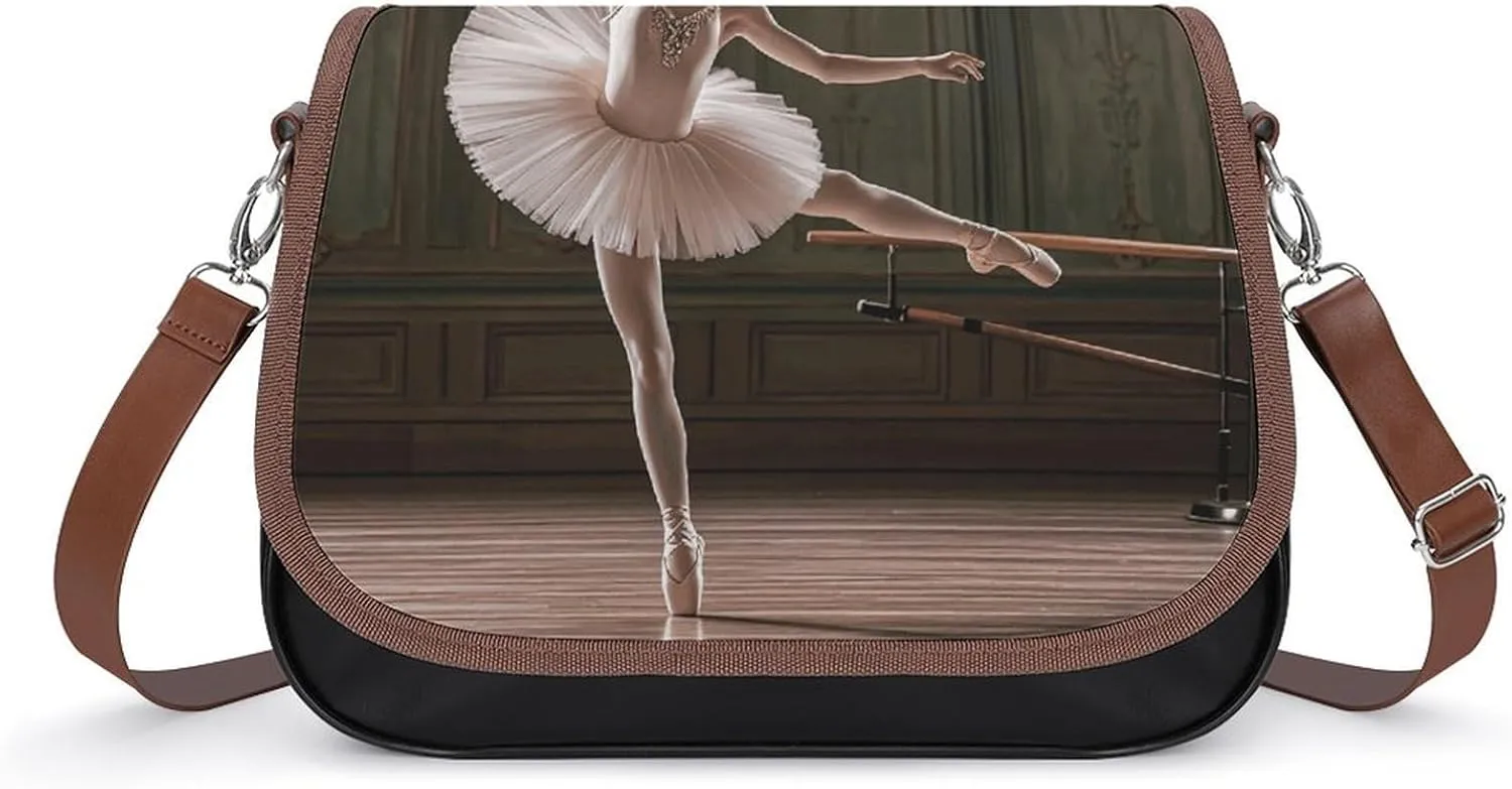 PU Leather Crossbody Bag Ballet Dancers Perform Print Flapover Tote Bag Shoulder Handbag Purse for Women with Adjustable Strap