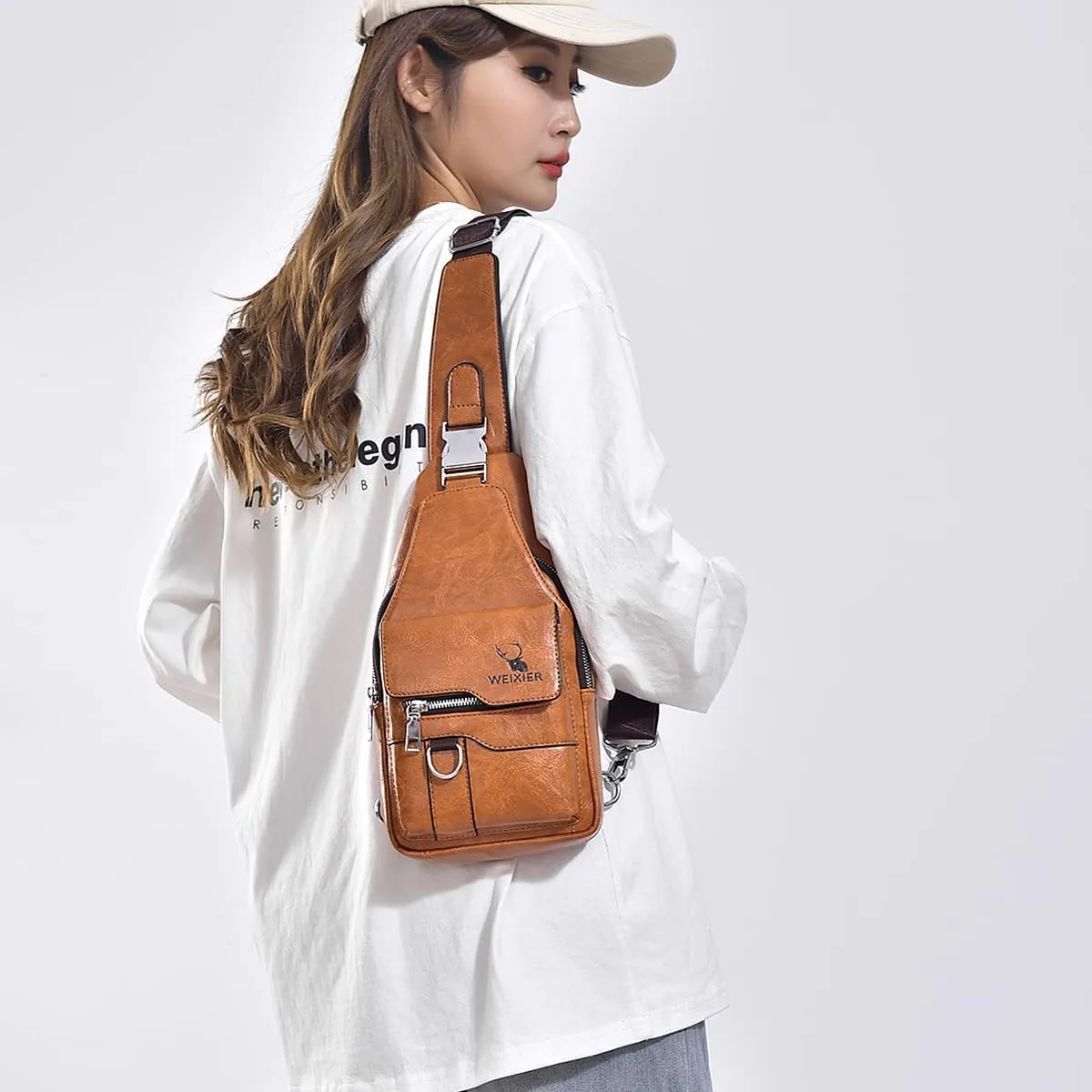 PU Leather Sling Bag for Men - Waterproof, Lightweight, Crossbody Chest Bag for Hiking & Cycling