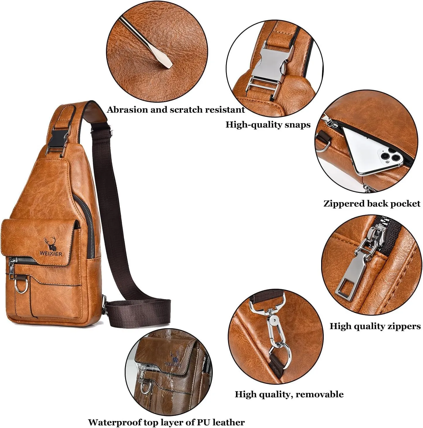 PU Leather Sling Bag for Men - Waterproof, Lightweight, Crossbody Chest Bag for Hiking & Cycling