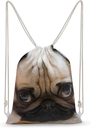 Pug Expression Stylish Canvas Tote Bag Reusable Grocery Bags Drawstring Backpack Shoulder Bag 30x40cm