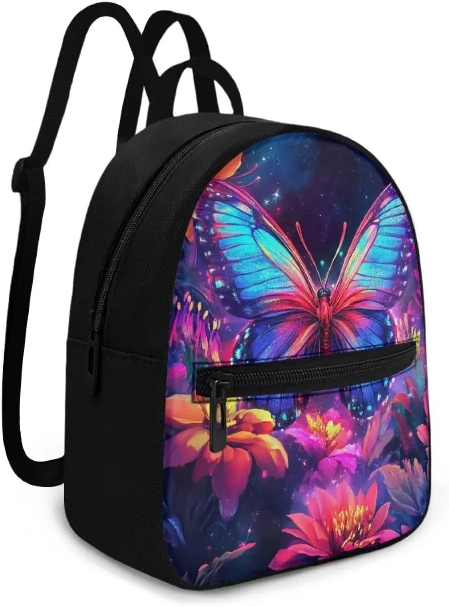 Purple Butterfly Backpack Purse Women's Lightweight Mini Backpack with Pockets Floral Small Canvas Daypack for Travel Work Fashion Use