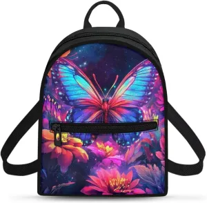 Purple Butterfly Backpack Purse Women's Lightweight Mini Backpack with Pockets Floral Small Canvas Daypack for Travel Work Fashion Use