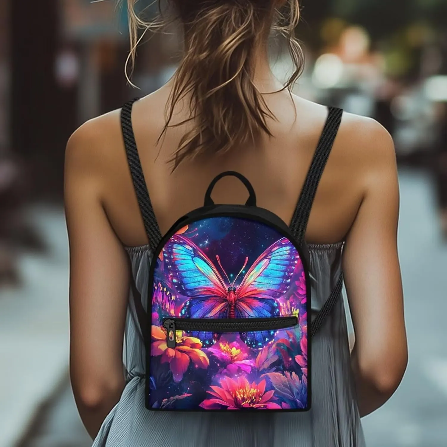 Purple Butterfly Backpack Purse Women's Lightweight Mini Backpack with Pockets Floral Small Canvas Daypack for Travel Work Fashion Use