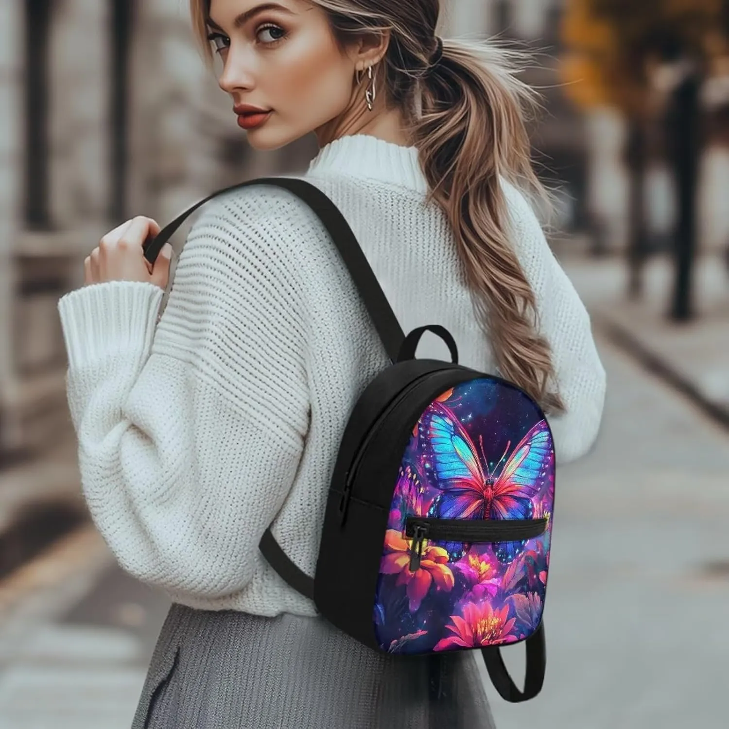 Purple Butterfly Backpack Purse Women's Lightweight Mini Backpack with Pockets Floral Small Canvas Daypack for Travel Work Fashion Use