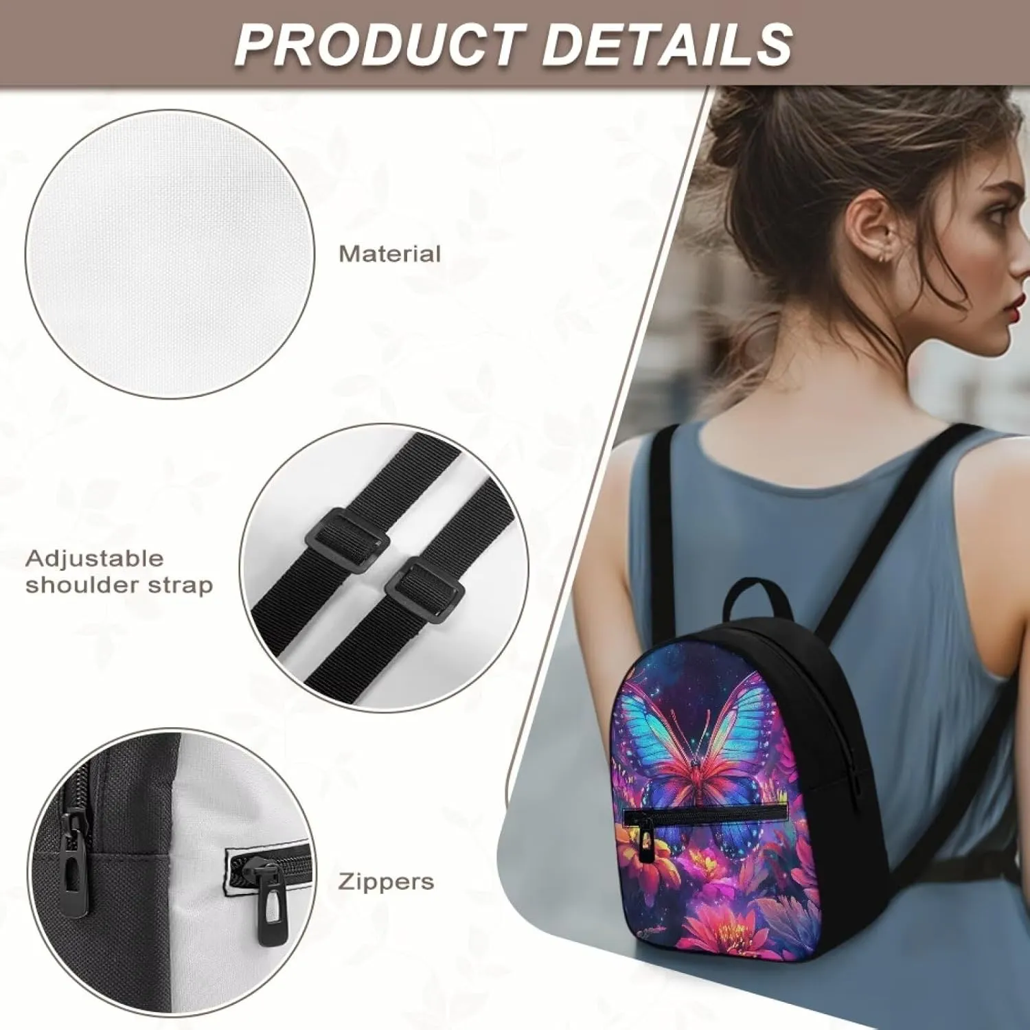 Purple Butterfly Backpack Purse Women's Lightweight Mini Backpack with Pockets Floral Small Canvas Daypack for Travel Work Fashion Use