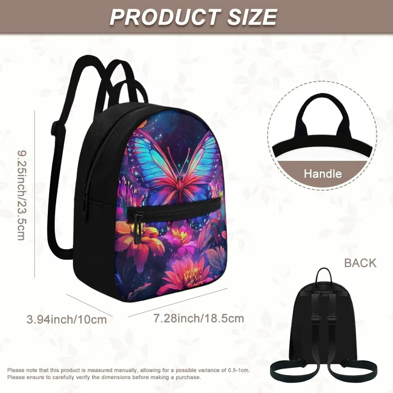 Purple Butterfly Backpack Purse Women's Lightweight Mini Backpack with Pockets Floral Small Canvas Daypack for Travel Work Fashion Use