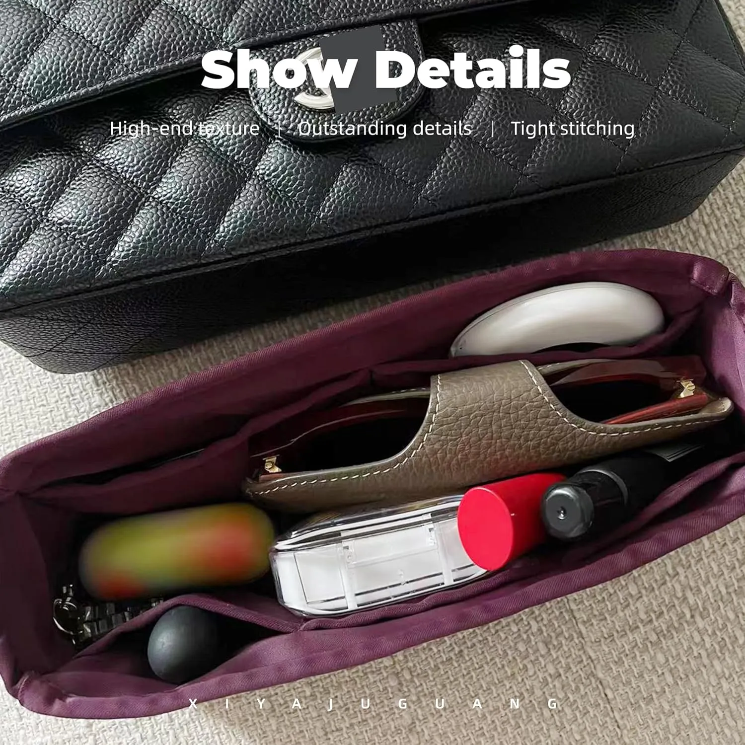 Purse Handbag Silky Organizer Insert Keep Bag Shape Fits Chanel Classic Flap CF Mini Square 17/20/Small/Medium/Jumbo/Maxi Bags, Luxury Handbag Tote Lightweight Sturdy(CF Medium 25,Fuchsia)