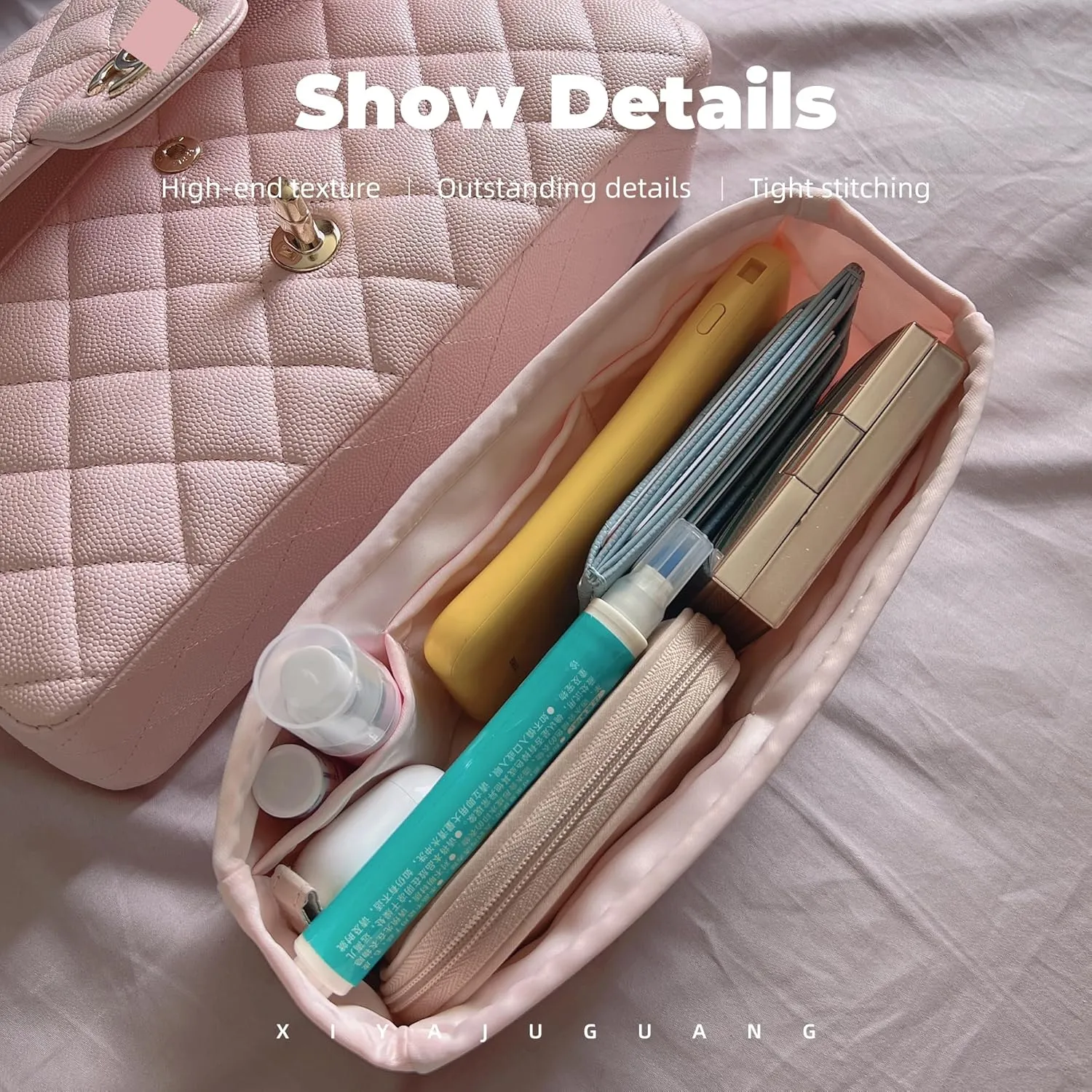 Purse Handbag Silky Organizer Insert Keep Bag Shape Fits Chanel Classic Flap CF Mini Square 17/20/Small/Medium/Jumbo/Maxi Bags, Luxury Handbag Tote Lightweight Sturdy(CF Medium 25,Pink)