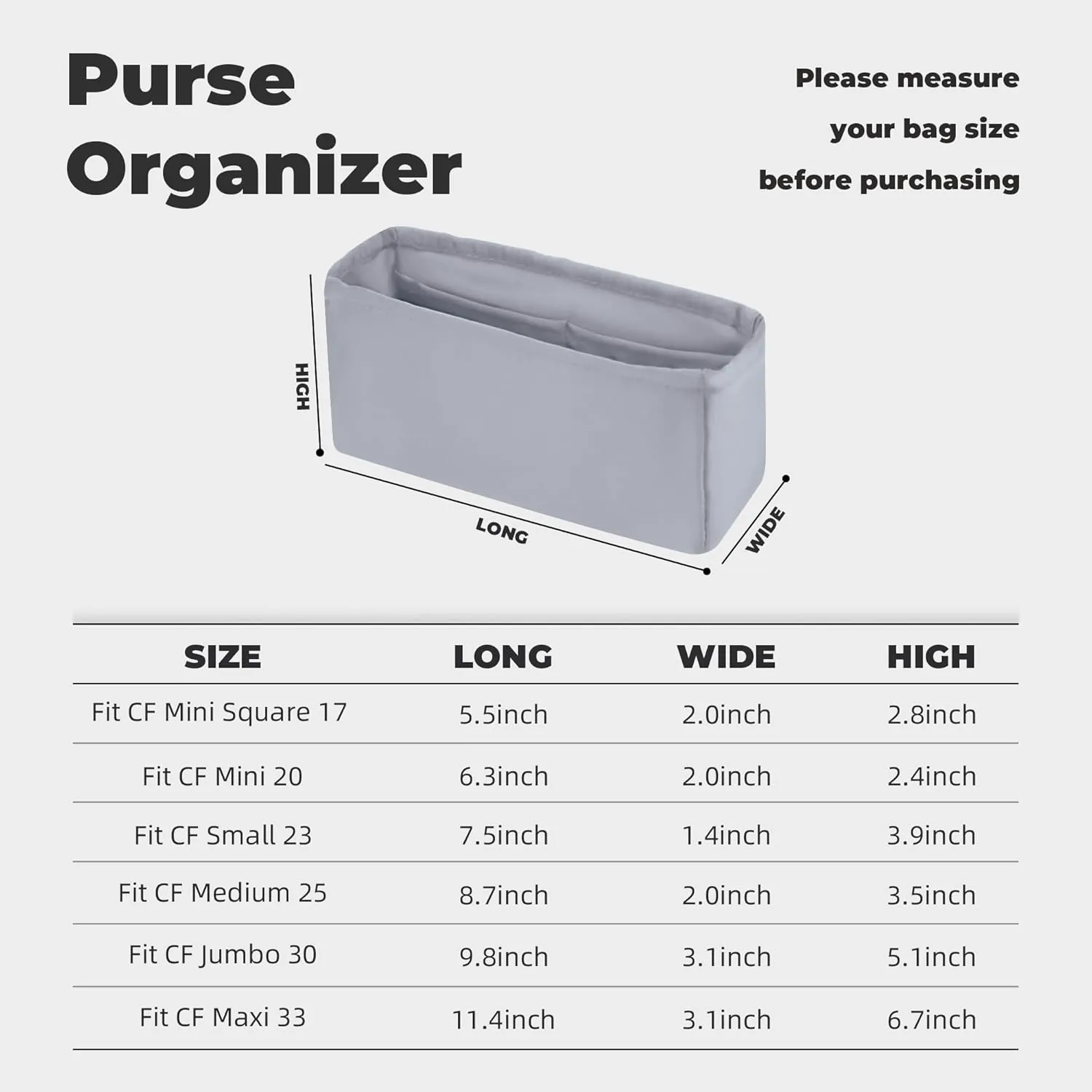 Purse Handbag Silky Organizer Insert Keep Bag Shape Fits Chanel Classic Flap CF Mini Square 17/20/Small/Medium/Jumbo/Maxi Bags, Luxury Handbag Tote Lightweight Sturdy(CF Mini 20,Bleu pale)