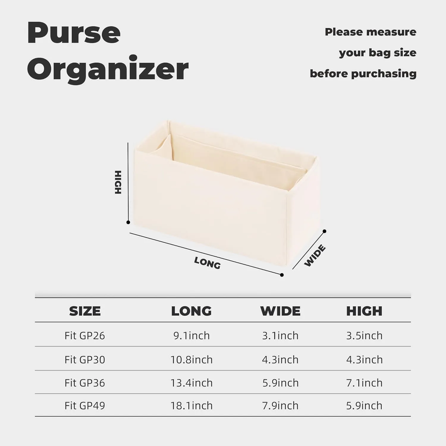 Purse Handbag Silky Organizer Insert Keep Bag Shape Fits Garden Party 26/30/36/49 Bags, Luxury Handbag Tote Lightweight Sturdy(GP 30,Craie)