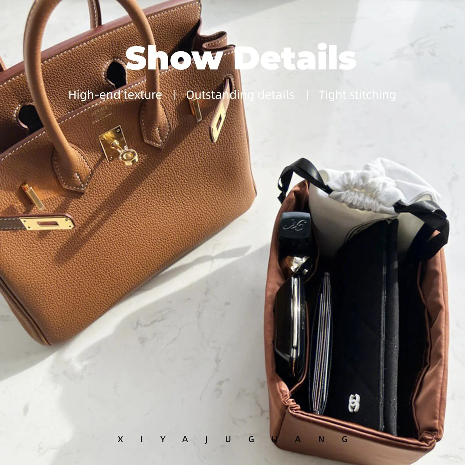 Purse Handbag Silky Organizer Insert Keep Bag Shape Fits Herme Birkin 20/25/30/35/40 bags, Luxury Handbag Tote Lightweight Sturdy(Gold,BK 25)