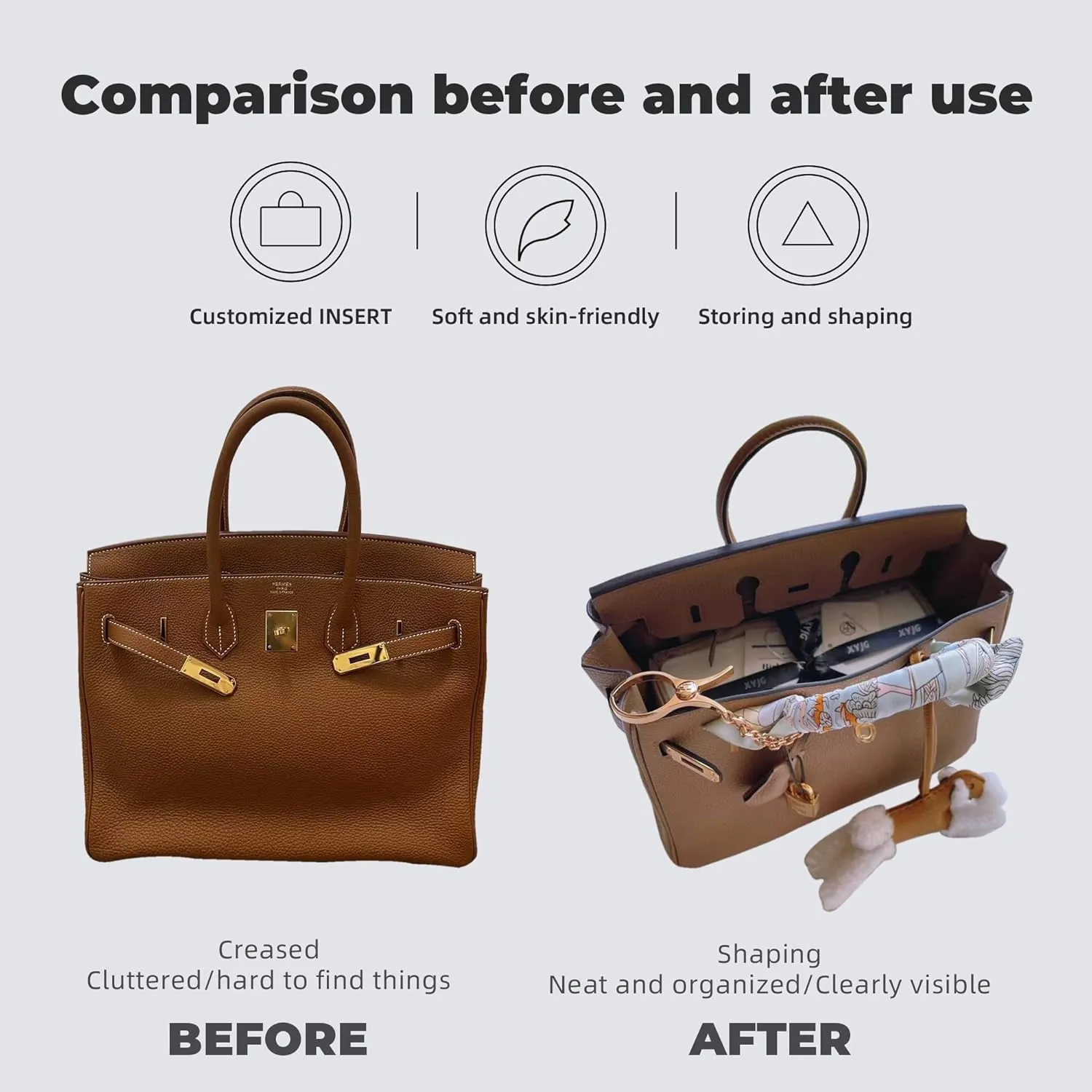 Purse Handbag Silky Organizer Insert Keep Bag Shape Fits Herme Birkin 20/25/30/35/40 bags, Luxury Handbag Tote Lightweight Sturdy(Gold,BK 25)