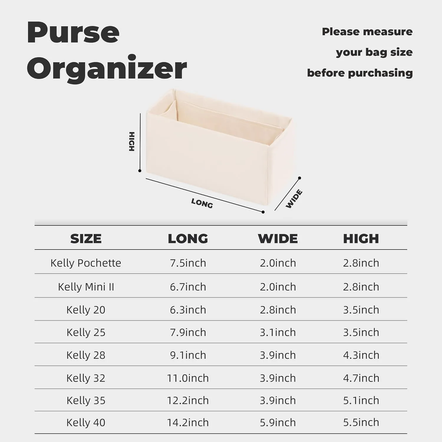 Purse Handbag Silky Organizer Insert Keep Bag Shape Fits Herme Kelly Pochette/Mini/20/25/32/35/40 bags, Luxury Handbag Tote Lightweight Sturdy(Kelly 25,Craie)