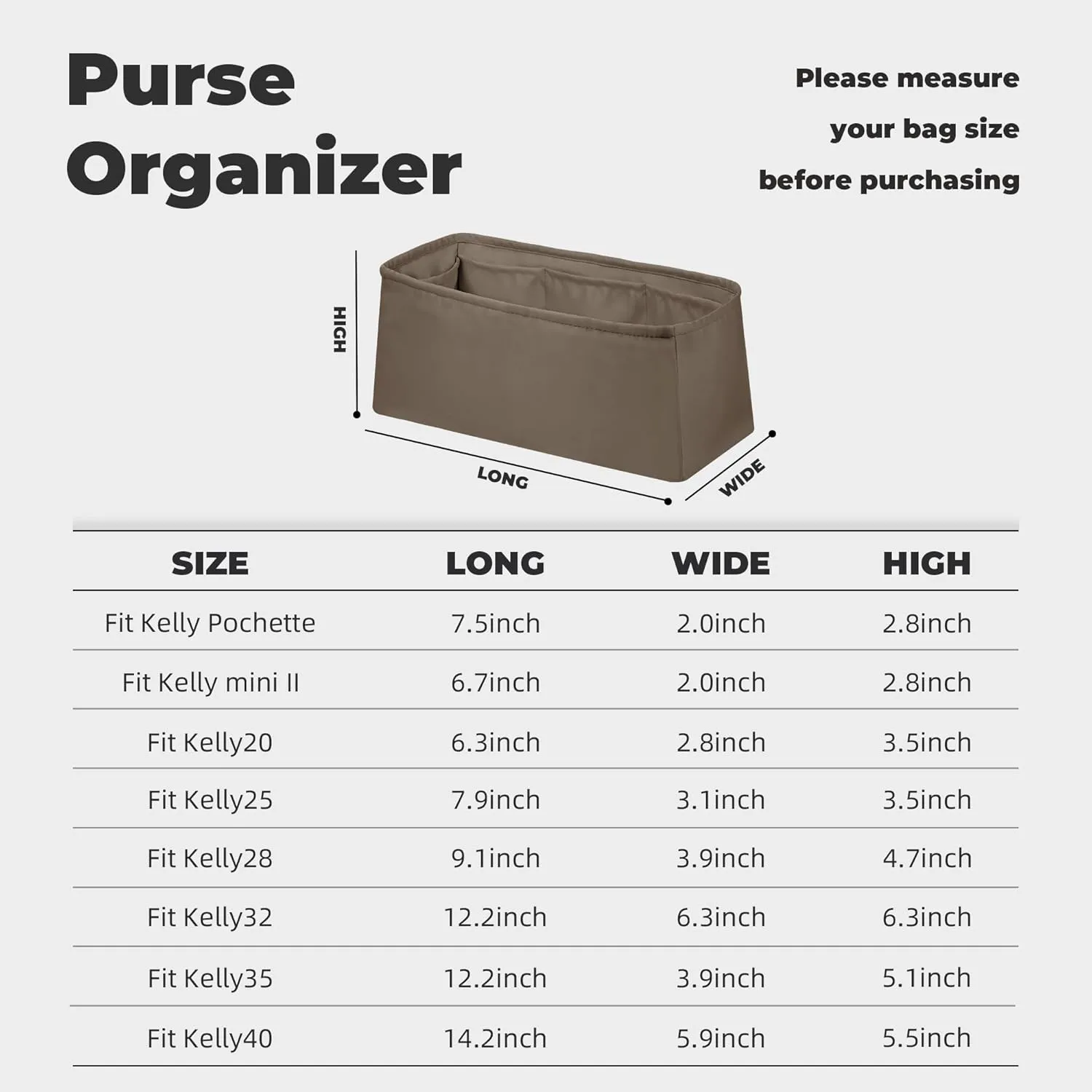 Purse Handbag Silky Organizer Insert Keep Bag Shape Fits Herme Kelly Pochette/Mini2/20/25/32/35/40 bags, Luxury Handbag Tote Lightweight Sturdy(Kelly Mini2,Etoupe grey)