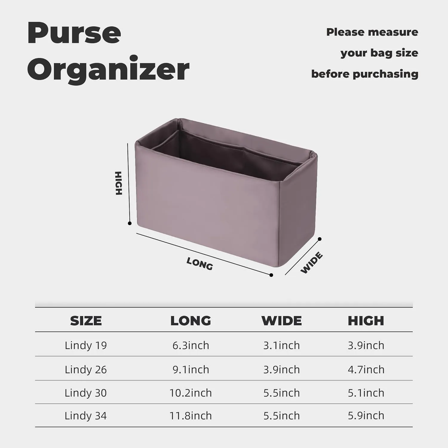 Purse Handbag Silky Organizer Insert Keep Bag Shape Fits Herme Lindy 19/26/30/34 bags, Luxury Handbag Tote Lightweight Sturdy(Konjac Purple,LD 30)
