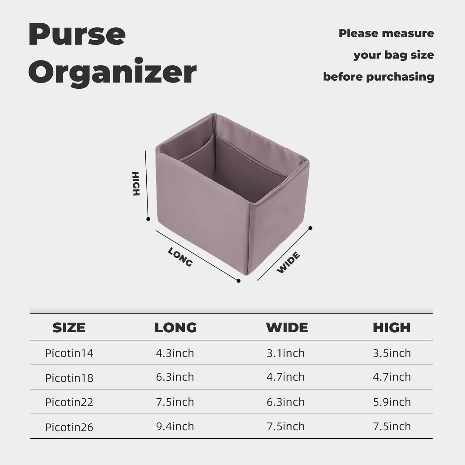 Purse Handbag Silky Organizer Insert Keep Bag Shape Fits Herme Picotin 14/18/22/26 bags, Luxury Handbag Tote