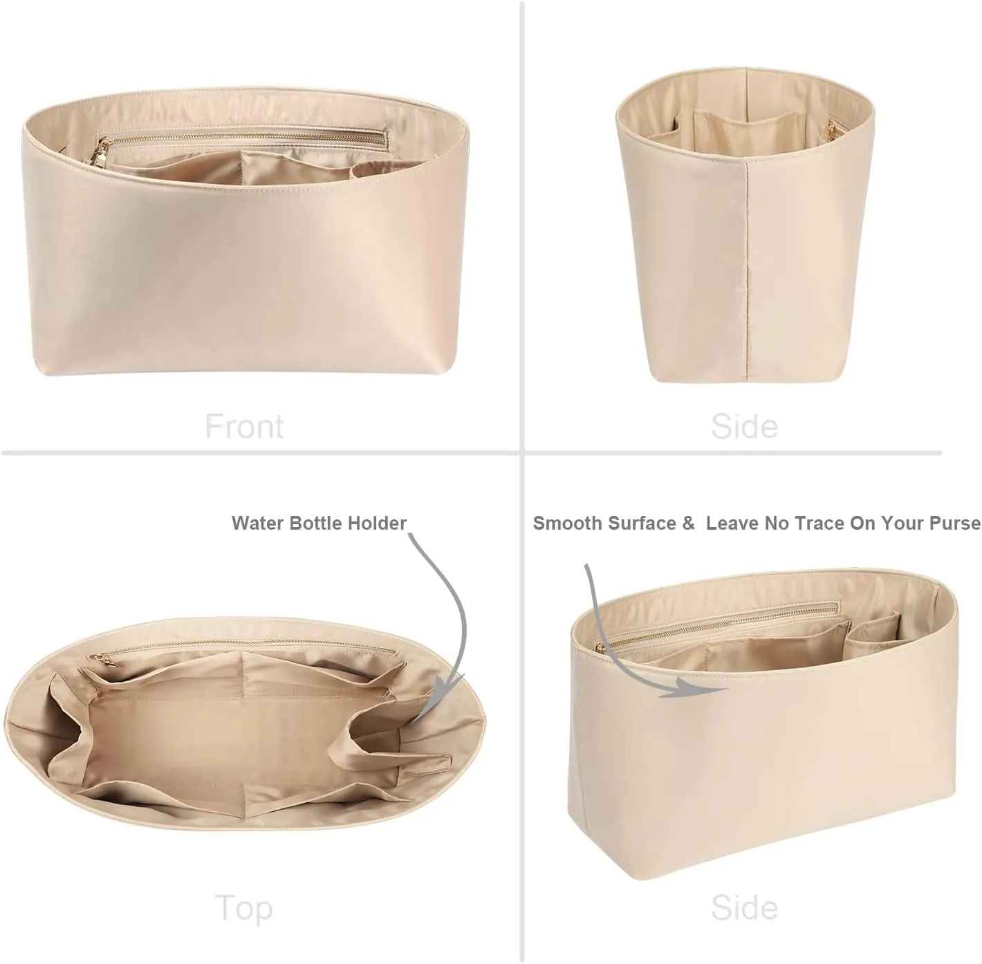 Purse Organizer Insert For Handbags, Silk Purse Organizer with Zipper, Silky Smooth, Bag Organizer For Speedy Neverfull Tote,onthego,Artsy, 6 Sizes (Medium, Silky Beige)
